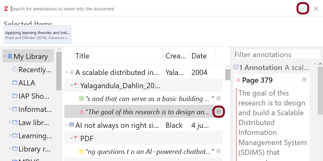 Add annotation to a document Screenshot of Zotero pop up to add an annotation to Word Processor
