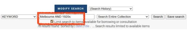 Look for Search box terms and Limits (date, format, location).