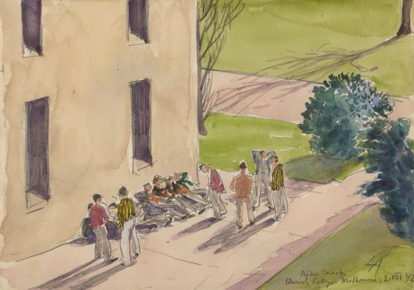 Watercolour painting on paper of group of Queen's College boys gathered outside Queens College grounds