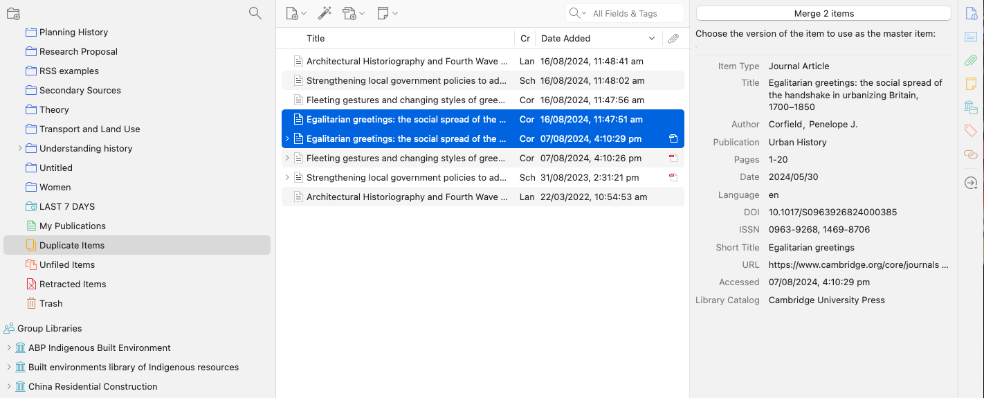 screenshot of the dupicate items folder in Zotero