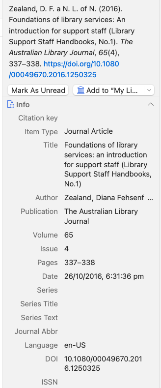 Screenshot of an item detail with the option to add item to the library underneath the item citation information