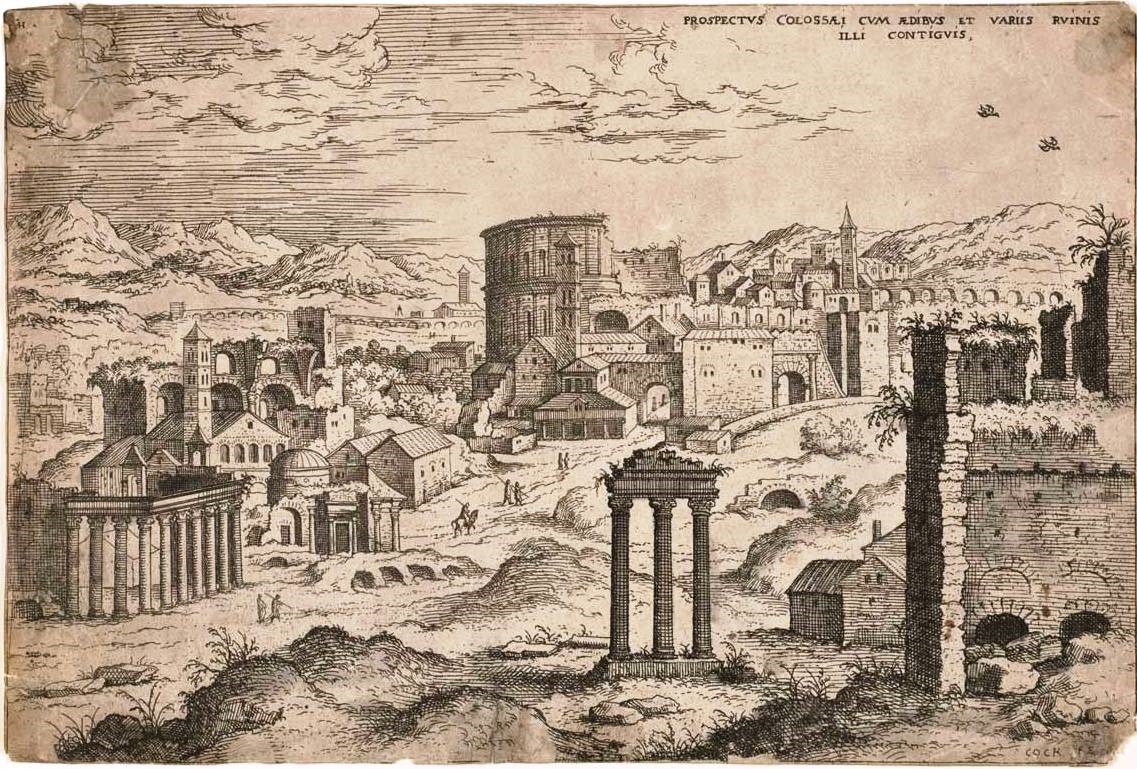 iew of the Colosseum with buildings and various ruins near it.