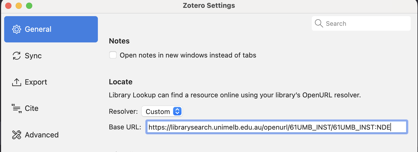 screenshot of the General -  locate setting in the Zotero - Preferences menu in