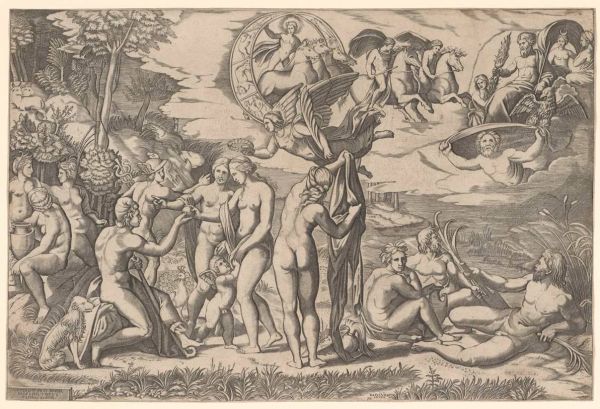 Raimondi, Marcantonio (1480-1527-34) Raphael (Artist, 1483-1520) The Judgement of Paris (1510-20) engraving image (sheet trimmed to image) 29.0cm (H) x 43.5cm (W) 1959.3647.000.000 Baillieu Library Print Collection, the University of Melbourne. Gift of Dr J. Orde Poynton 1959.