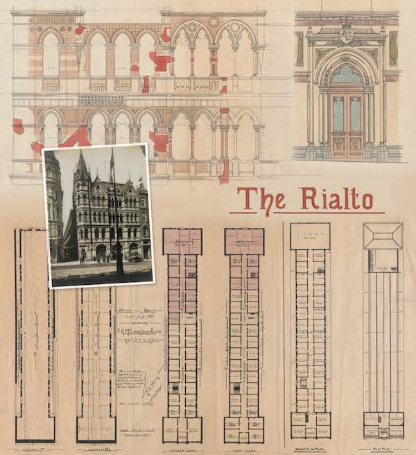 Details from plans for the Rialto Building, 1890 The Rialto Building, undated