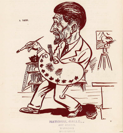 A caricature by Allan Baker (1947-49) of one of the teachers, Murray Griffin, published in DAUB (1947), the publication produced by the nigh