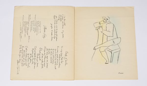 Aged book open to a double page with print of figure with simple outline and text.