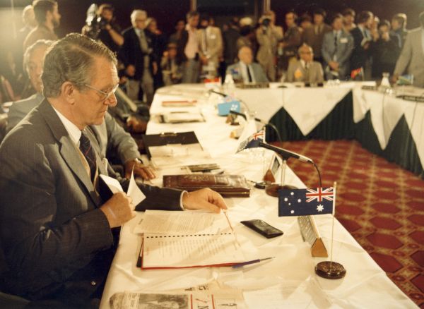 UMA-ITE-2005010300069, Malcolm Fraser at the Thirteenth South Pacific Bureau for Economic Co-operation in New Zealand, 1982. Photographer: Australian Information Service