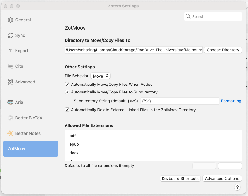 screenshot of the zotmoov settings screen