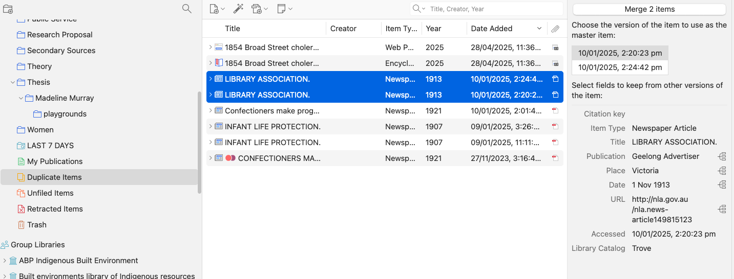 screenshot of the duplicate items folder with the merge items option