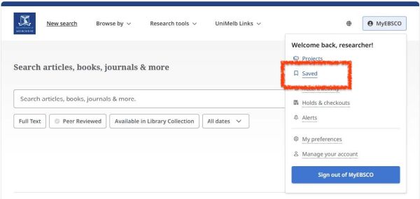 Start at the old Discovery Search page, and click Saved on the MyEBSCO menu.