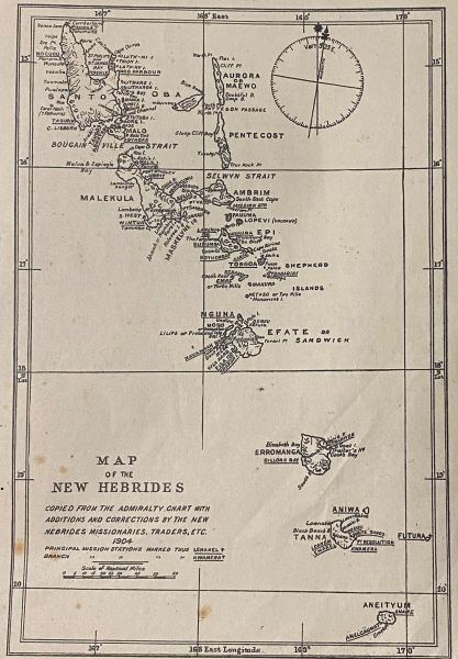 ‘Map of the New Hebrides copied from the Admiralty Chart with additions and corrections by the New Hebrides missionaries, trades, etc’, 1904. Daniel MacDonald collection, 2000.0296