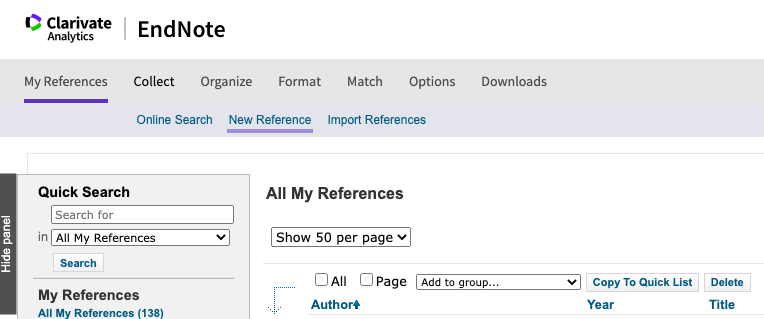 Adding references to Endnote Online 
