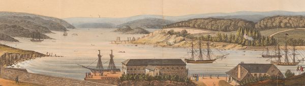 Early settler scene, river in New South Wales with sailing ships