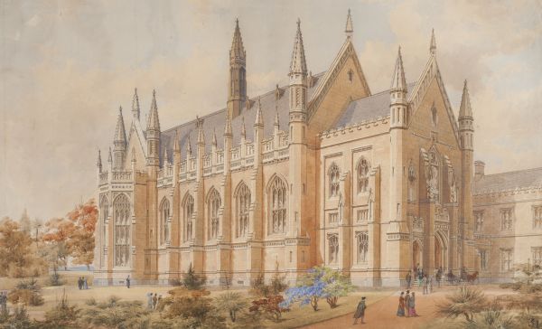 Watercolour on paper, of builidng Wilson Hall, designed in the Perpendicular Gothic style