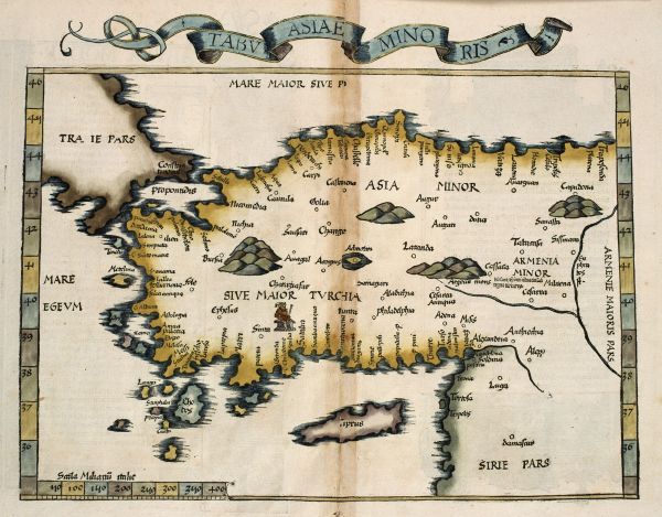 16th Century map of early Turkey, with mountains and major places marked