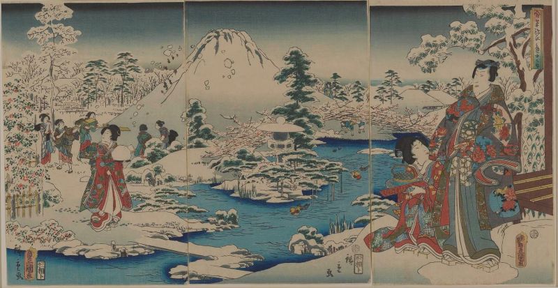 Landscape with Japanese figures in kimonos, in snowy landscape with lake.