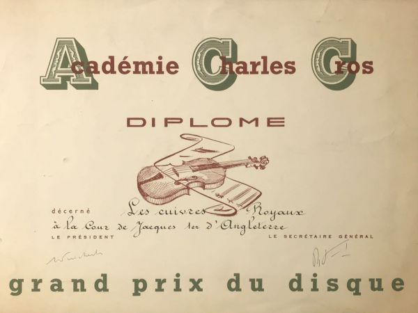 Paper certificate awarded to l'Oiseau-Lyre for winning the Grand Prix du Disque