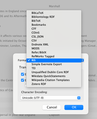 Format menu for file export in Zotero