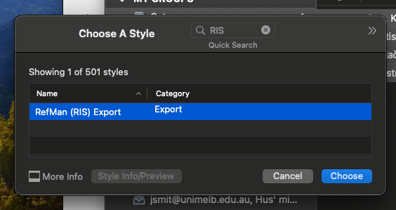 Select RefMan (RIS) Export and click choose