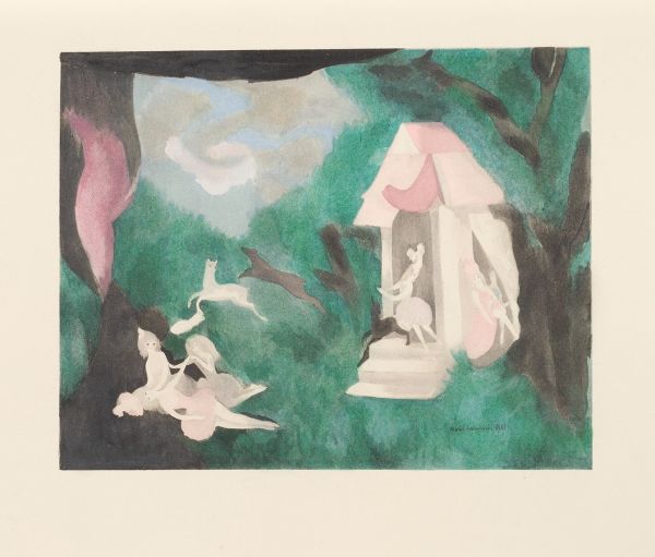 Collotype and pochoir print, depicting ballet scene with dancers and deer