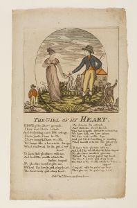 Nineteenth century cheap print on yellowing paper, showing a cartouche with male and female figures in Georgiandress