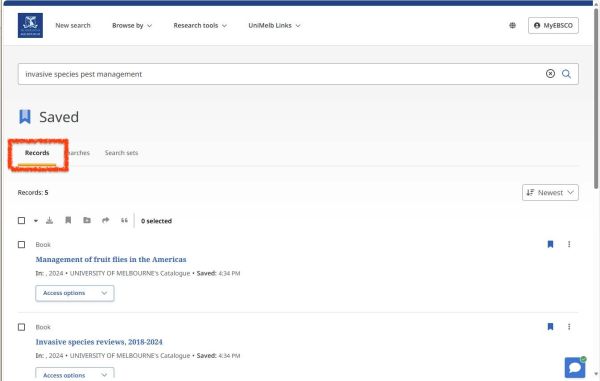 Click the Records tab to view a list of your saved records. 