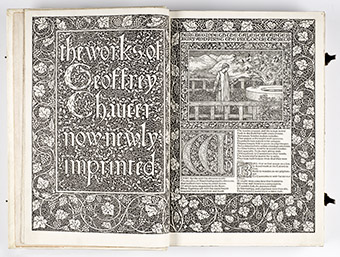 Open book showing Kelmscott Press edition of Chaucer's works