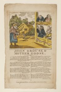 Leaf from an aged book featuring hand coloured engraving titled John Grouse and Mother Goose
