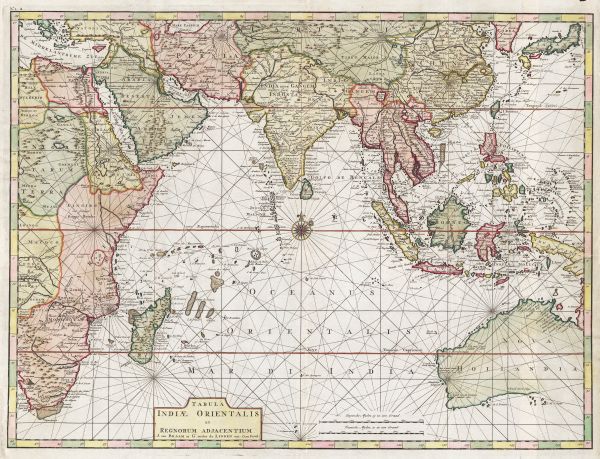 Highly detailed coloured map showing eastern coast of Africa, India, South East Asia and  Australia [New holland]