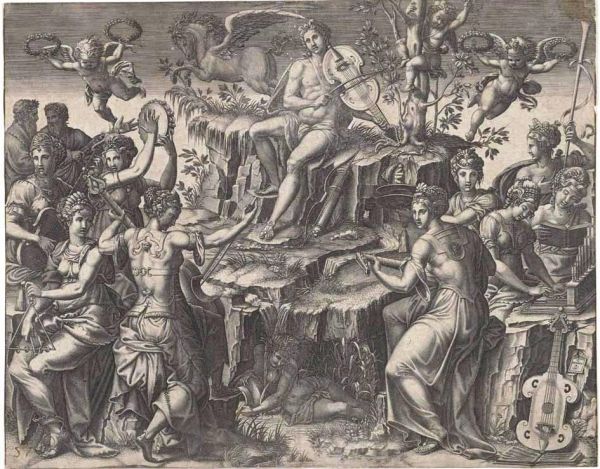 Giorgio Ghisi (Italian, 1520-1582) after Luca Penni (Italian 1500-1556) Apollo and the Muses (c. 1557) engraving; first state Gift of Dr J. Orde Poynton 1959 Baillieu Library Print Collection 1959.2526 