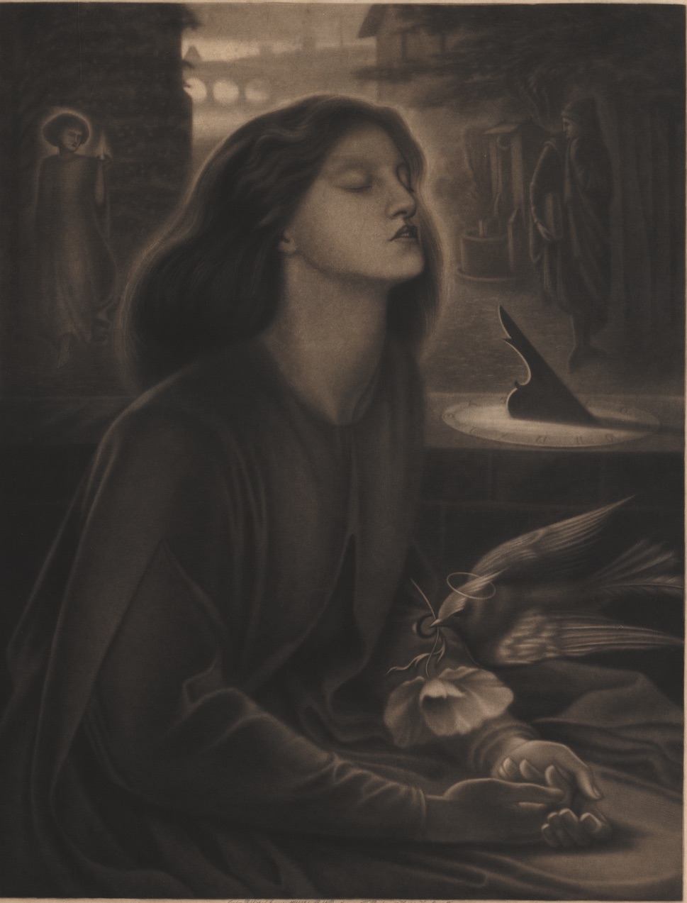 Photogravure print of woman sitting, in halo of light near low brick wall with bird in her lap and figures in background.