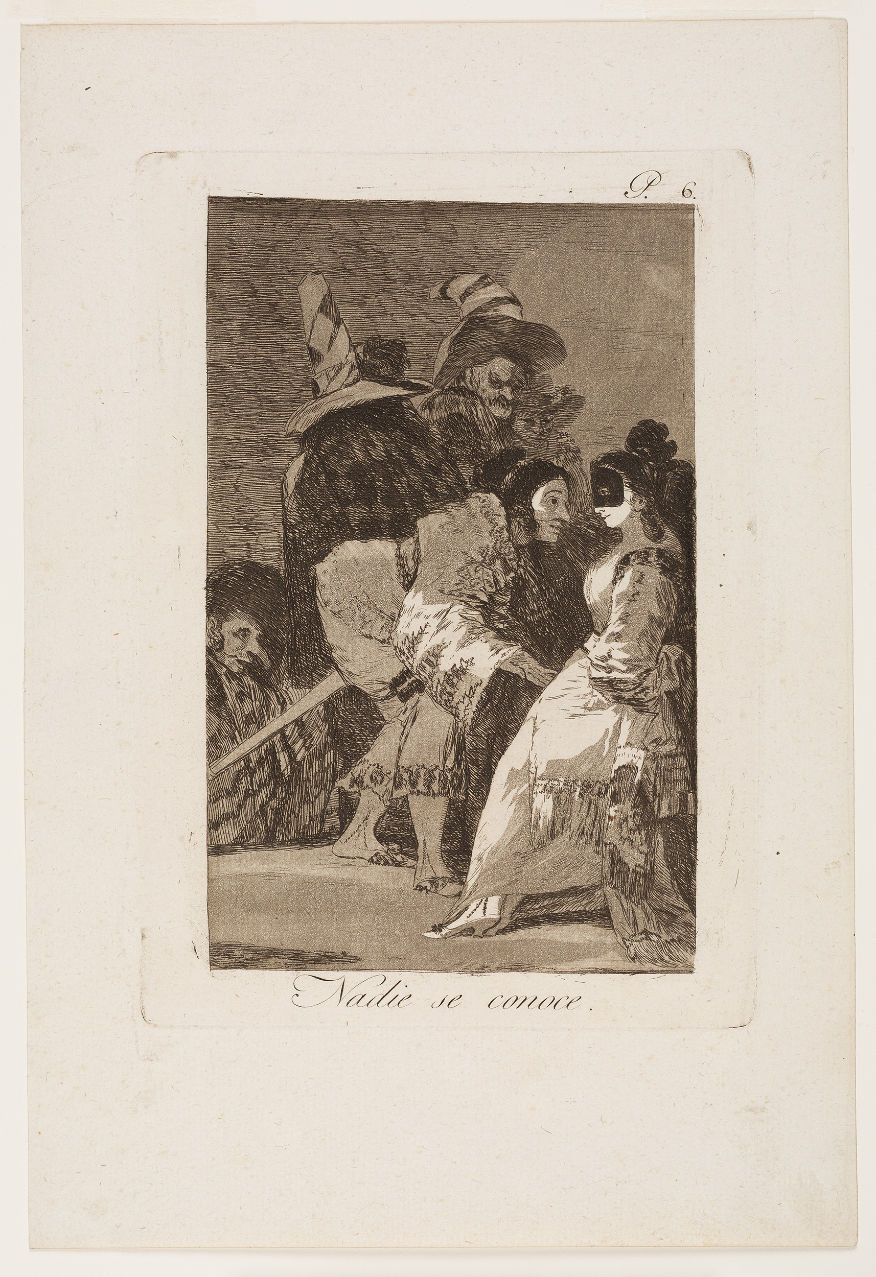 Print of two figures, one in black mask with figures behind in outlandish hats.