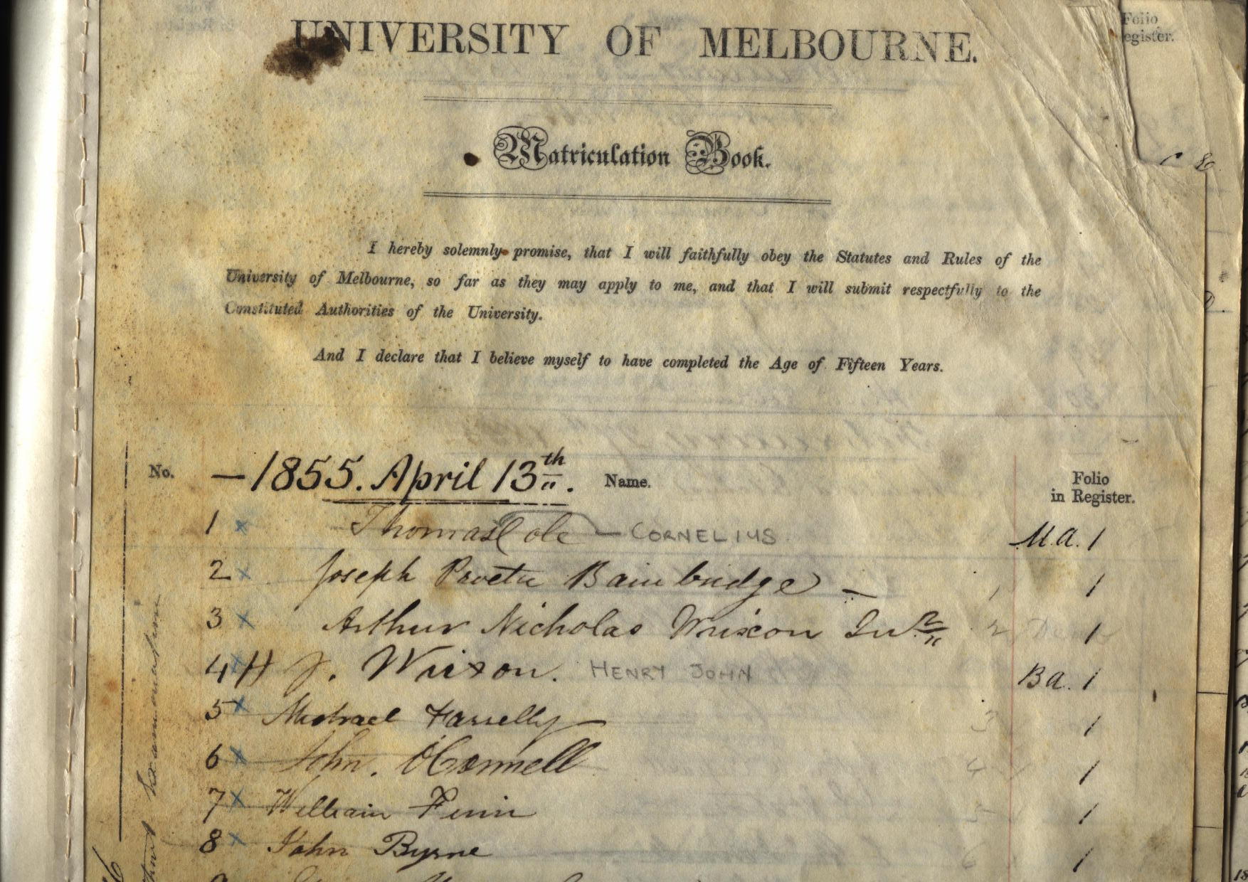 First page of Matriculation Roll