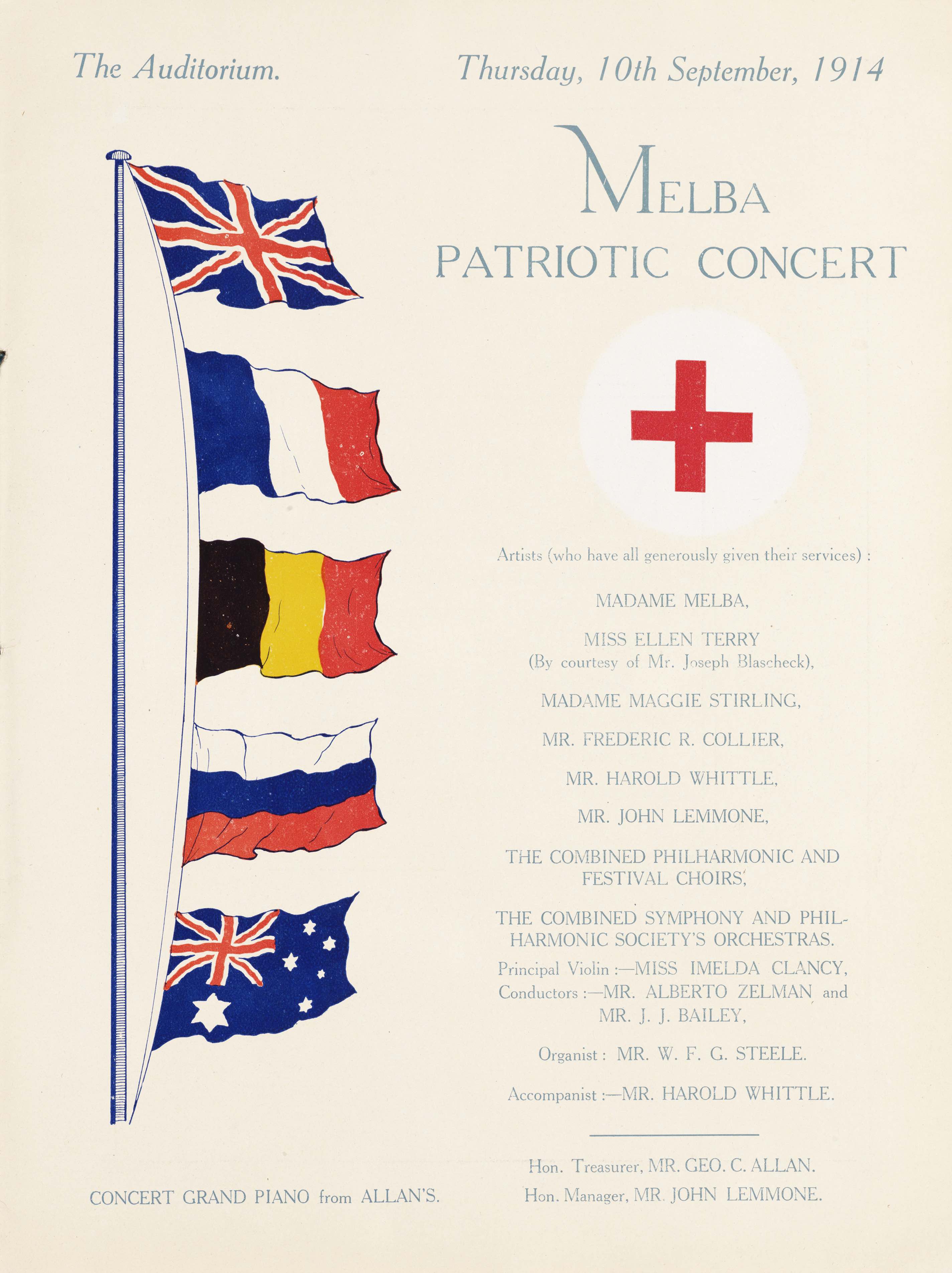 UniM Bail Music  RB  C&TPC Box 7 <br> Atlas Press, printer ;  <br> Melba patriotic concert  <br> Melbourne , 1914 <br> Concert and Theatre Program Collection