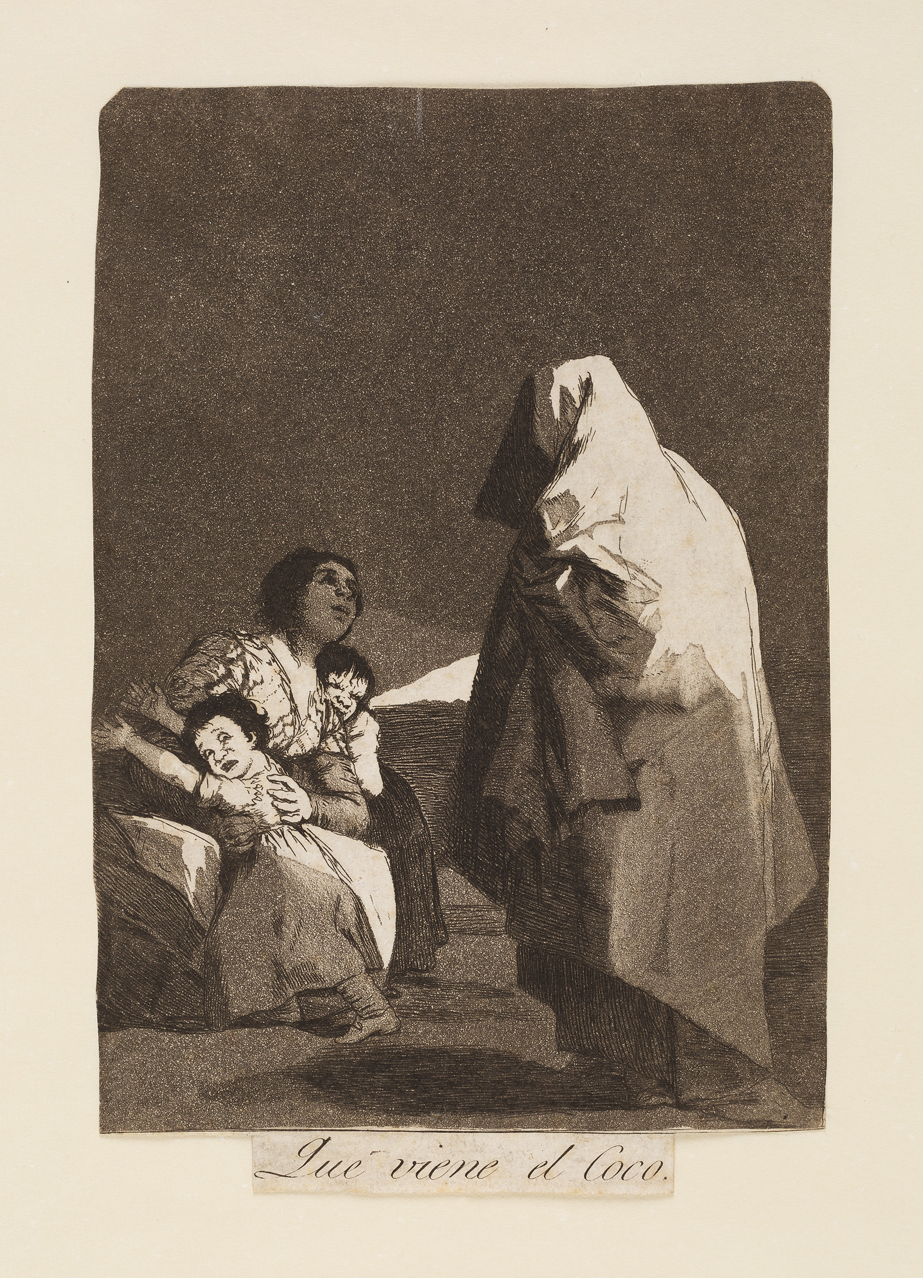 Print of woman with two small children, with cloaked figure hovering over her.