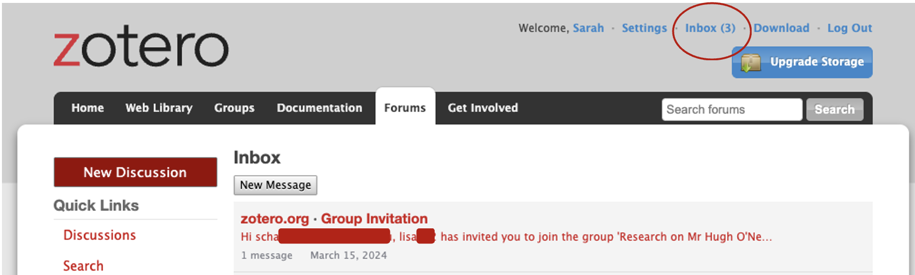 screenshot of the Zotero inbox