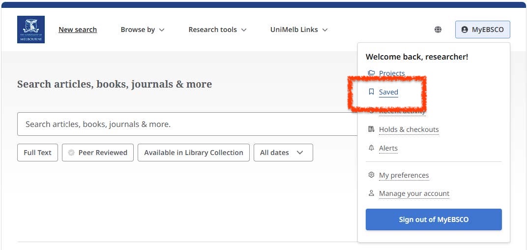 Start at the old Discovery Search page, and click Saved on the MyEBSCO menu.